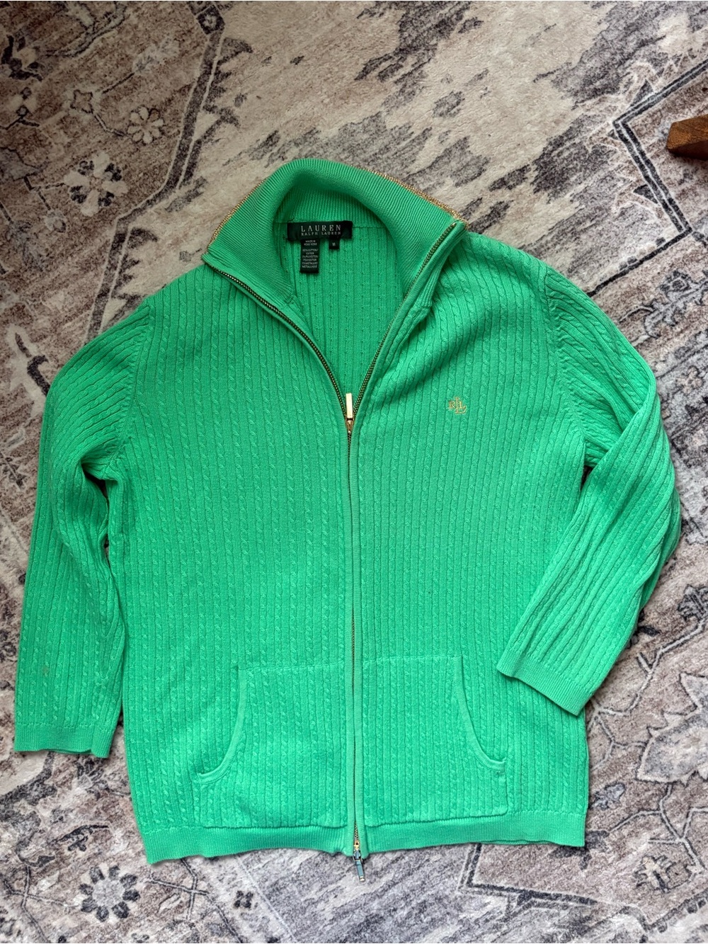 Lauren Ralph Lauren Cable knit green zip up cardigan size M cotton 3/4 sleeves